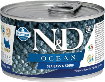 Farmina N&D Ocean Wet Dog Food - Sea Bass & Squid Mini Adult-Case Of 6, 4.9 Oz Cans