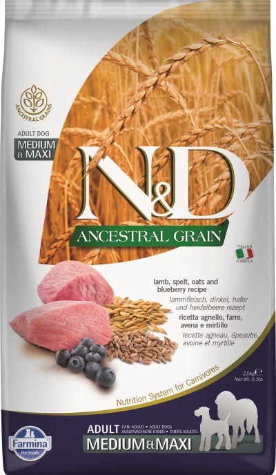 Farmina N&D Ancestral Grain Dry Dog Food - Lamb & Blueberry Med/Maxi Adult-FARMINA ANCESTRAL GR LAMB